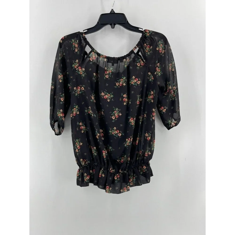 Guess Women's Sheer Short Sleeve Black Floral Peasant Boho Top Blouse Size XS - Picture 3 of 15